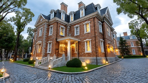 Elegant Historic Mansion with Beautiful Architecture and Serene Landscaping in Twilight