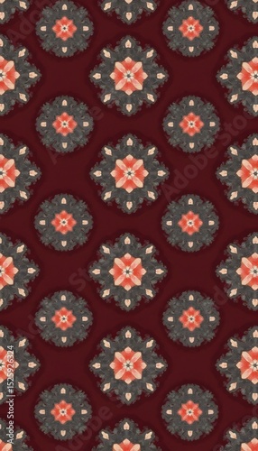 Symmetric Geometric Pattern on Dark Red Background, Showcasing Retro Decorative Style & Artistic Texture, for Textile Fabrics, Wallpaper Design, Packaging Decoration, Cultural & Creative Products