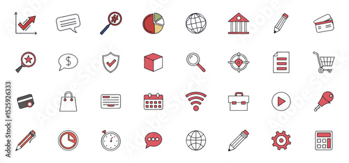 A set of colorful hand drawn business and finance icons on a white background ideal for infographics and websites