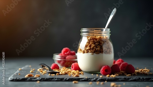 Healthy Breakfast Scene: Yogurt with Granola & Raspberries in Glass Jar, for Food Blogs, Nutritional Diet Promotion, Healthy Lifestyle, Food Brand Marketing, Culinary Photography Materials