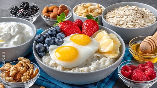 Healthy Breakfast Bowl with Eggs, Fruits, Nuts, and Oats on a Grey Background