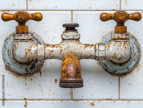 Close - up of Old Rusty Faucet, Showing Pipe Corrosion, Retro Bathroom/Kitchen Hardware, for Plumbing Repair Cases, Aging Building Facilities, Industrial Design