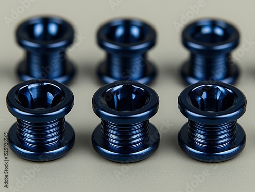 Close - up of Blue Metal Threaded Bushings, Showcasing Precision Hardware Parts and Mechanical Accessory Texture, for Industrial Design, Mechanical Engineering, Hardware Manufacturing, 3D Modeling
