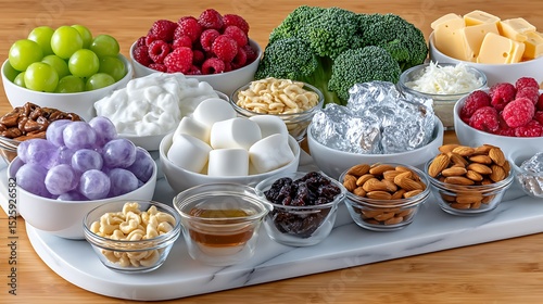 Fresh Fruits and Nuts Variety on Marble Serving Tray for Healthy Snack Preparation