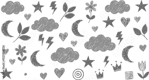 Doodle sticker set, monochrome childish scribbles of hearts and stars, clouds and flowers, lightning bolts and simple geometric shapes. Cute decorative sketchy forms for kids design projects. EPS 10