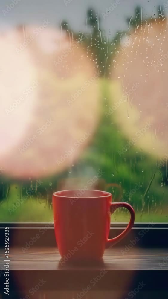 Savoring a warm drink by the window while rain dances on the glass