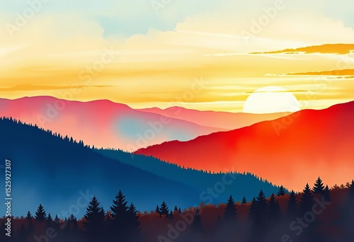 Mid-century modern abstract watercolor mountain landscape at sunset Hills, forest, and sky in natural hues, outdoor, vintage