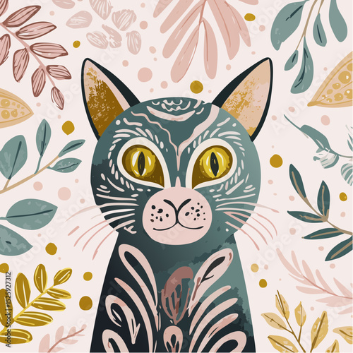 A charming set of vector portraits featuring stylized cats with wide yellow eyes, drawn in a playful illustrative style and surrounded by whimsical plant elements.