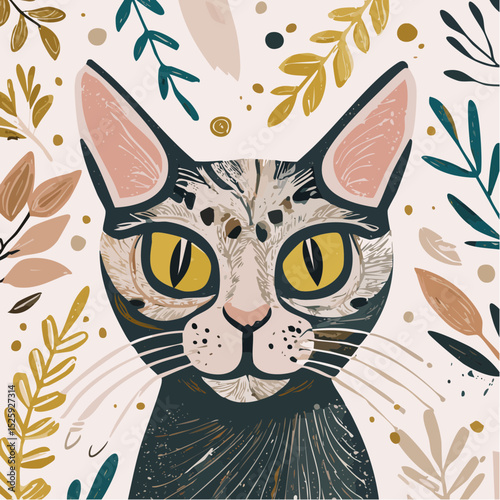 A charming set of vector portraits featuring stylized cats with wide yellow eyes, drawn in a playful illustrative style and surrounded by whimsical plant elements.