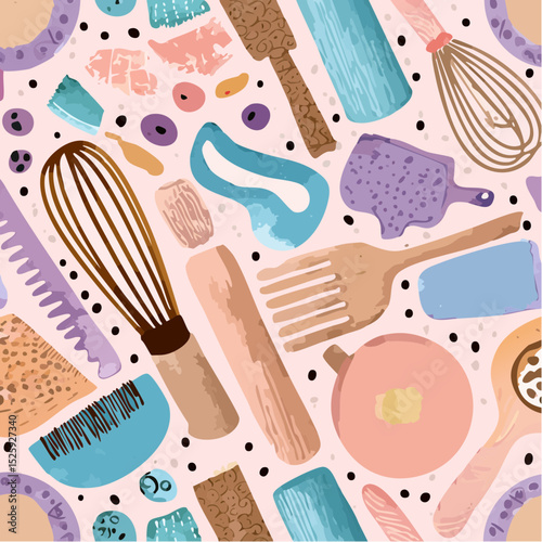 A playful vector pattern filled with colorful illustrations of various hair styling tools including brushes, combs, and accessories, scattered across a light backdrop.
