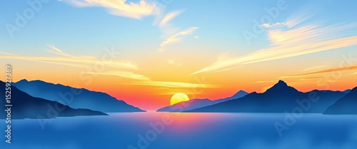 Minimalist watercolor sunset/sunrise landscape;  mountains meeting tranquil sea Oriental style art background, peak, brush