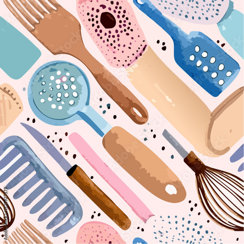 A playful vector pattern filled with colorful illustrations of various hair styling tools including brushes, combs, and accessories, scattered across a light backdrop.