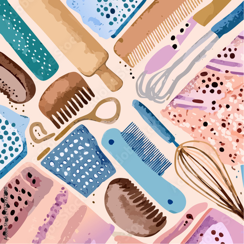 A playful vector pattern filled with colorful illustrations of various hair styling tools including brushes, combs, and accessories, scattered across a light backdrop.