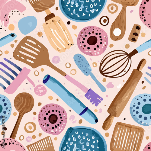 A playful vector pattern filled with colorful illustrations of various hair styling tools including brushes, combs, and accessories, scattered across a light backdrop.