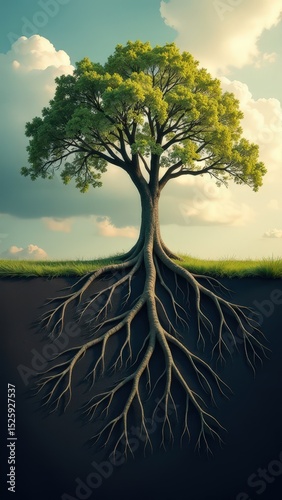 Tree with its roots visible in the ground. The roots are spread out and the tree is tall