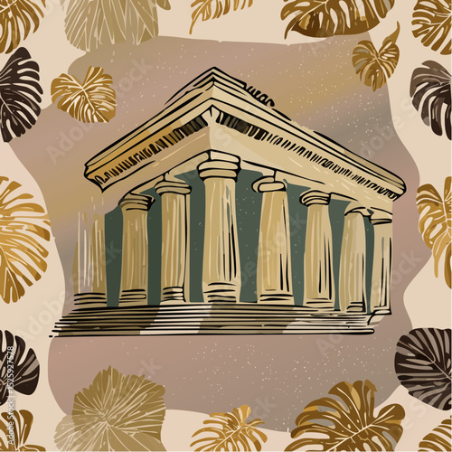 A stylized vector collection of classical temples with columns, surrounded by abstract foliage and earthy backgrounds in warm, textured tones.