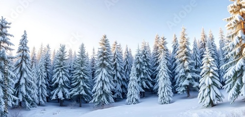 Panoramic view of snowy fir, pine, and spruce trees in a winter forest,  coniferous,  blue