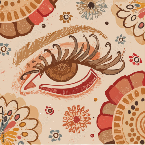 A striking vector collection of surreal eye designs featuring dramatic lashes, bold shapes, and surrounding decorative symbols in warm, earthy tones.