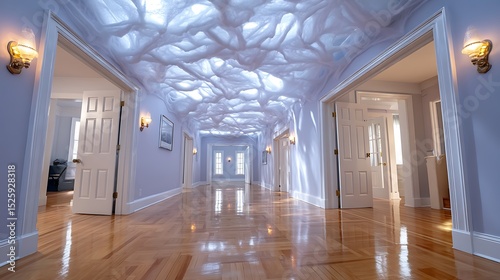 Stunning hallway with unique cloud-like ceiling design and elegant light fixtures in peaceful setting