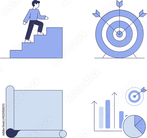 Goal setting icon set. Target focus, team coordination, lightbulb visualization, strategic planning success  