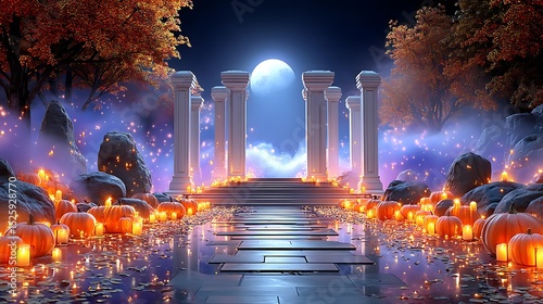 Enchanted Autumn Scene with Pumpkin Decorations and Moonlit Pillars in Fantasy Landscape