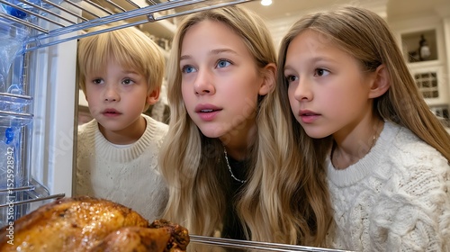 Children and Young Girl Eagerly Looking at Thanksgiving Turkey in Refrigerator at Home
