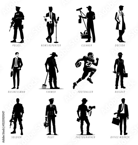 Set of black silhouettes of different man professions on white background. Working people silhouette vector illustration.