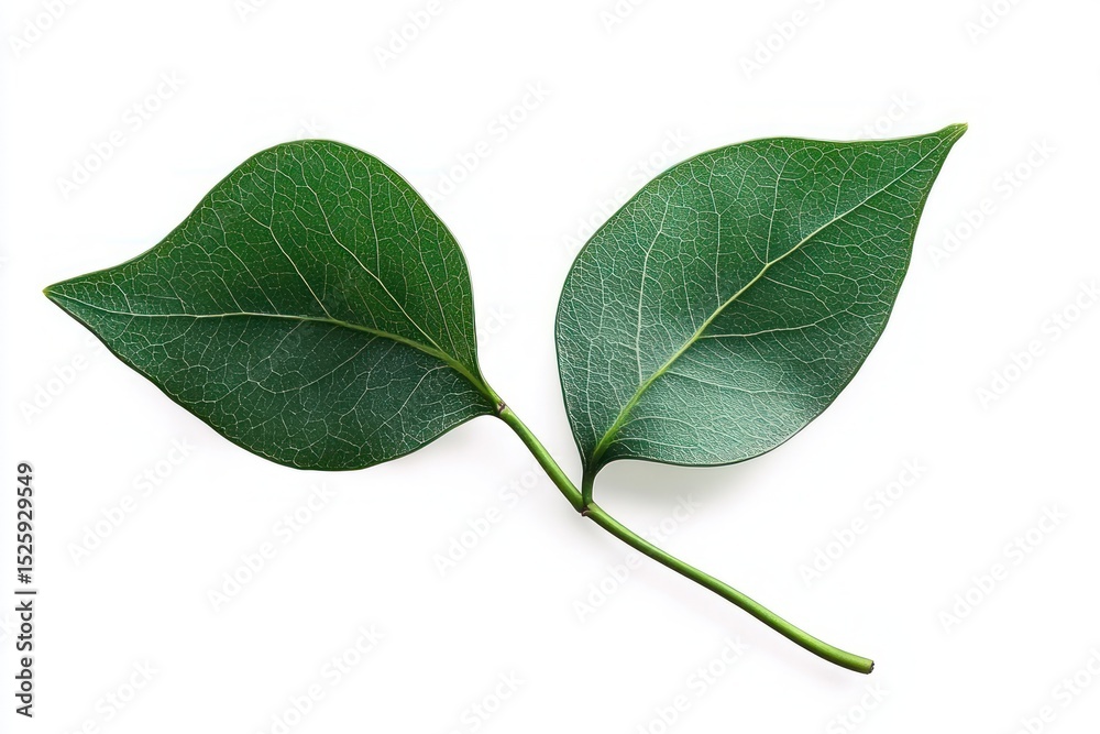 Obraz premium Two vibrant green leaves connected by a single stem isolated on a white background with visible leaf veins