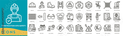 Construction Site Safety icon set. Hard Hat, Steel Boots, Safety Harness, Warning Sign, First Aid, Helmet Zone and Fall Protection