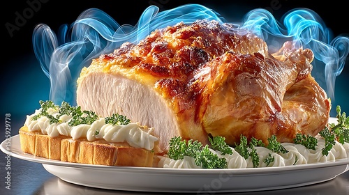 Delicious Roast Turkey with Golden Brown Skin and Garnish on Elegant Serving Platter