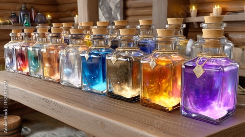 Colorful Glass Bottles of Magical Potions on Table in Rustic Cabin Setting for Fantasy Theme