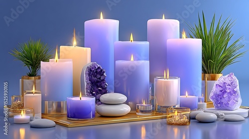 Serenity and Tranquility with Soft Colored Candles and Crystals on a Calming Surface