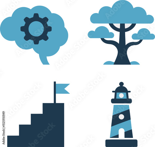 Startup growth icon set. Rocket launch, strategic maze, business success metrics, data chart analytics visuals  