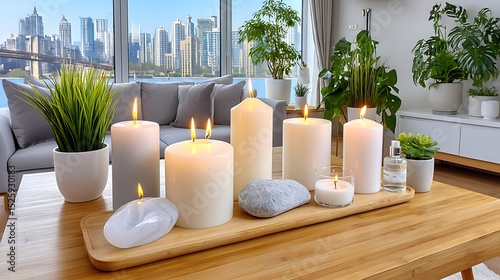 Relaxing Home Decor with Candles, Green Plants, and City View in Modern Living Room