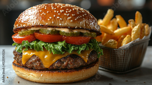 Classic grilled hamburger with fresh toppings and French fries on rustic wooden table close-up.