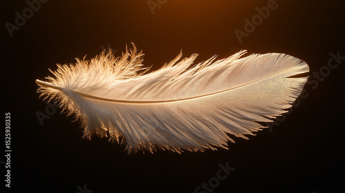 White feather floating in darkness with warm backlight and soft texture in minimal studio shot.