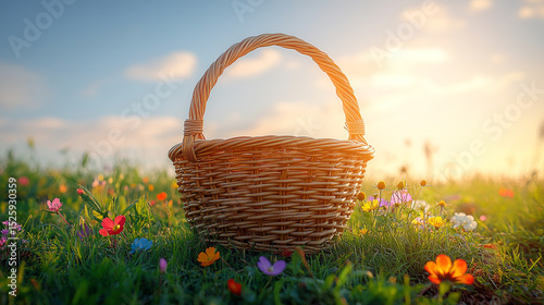 Wicker basket on flower meadow with warm sunlight and spring bloom under blue sky.