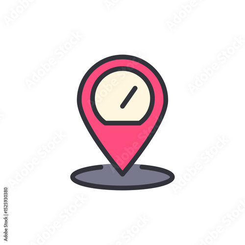 Stylized Location Pin With Round Time Measuring Tool Inside The Symbol