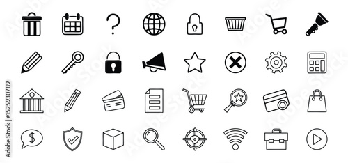 Black and white icon set featuring diverse symbols for user interface web design and business concepts