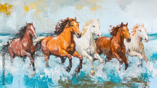 Majestic Horses Running in Ocean Waves    Impressionistic Painting