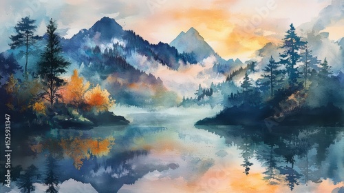Serene Mountain Lake Reflection  Watercolor Landscape Art