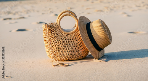 Straw hat with black band and woven bag on beach sand. Summer vacation and beach holiday concept. Image for travel, tourism, fashion, banner with copy space photo