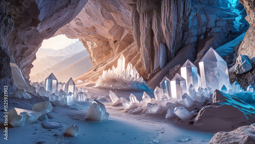 A crystal cave with clear quartz formations and a view of distant mountains through the entrance