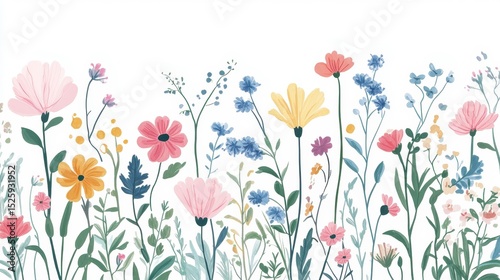 Whimsical Floral Meadow  Painted Flower Border  Botanical Illustration
