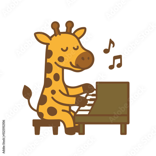 A giraffe playing the piano and enjoying the music