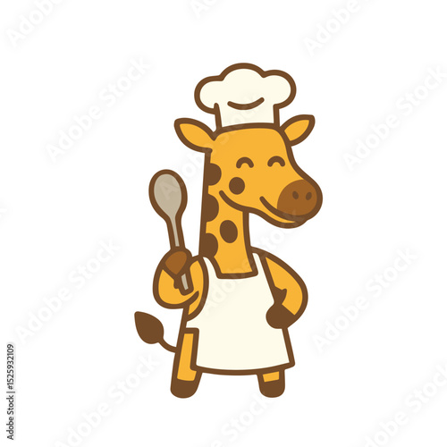 A cheerful giraffe chef with a spoon and apron