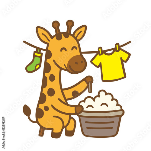A cute cartoon giraffe doing laundry