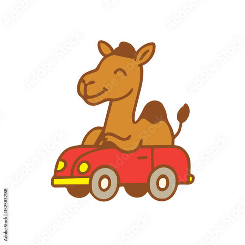 A Cute Camel Driving a Red Toy Car