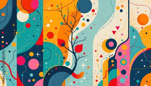 an abstract digital art illustration with vibrant colors, featuring an intricate pattern of shapes and dots that resemble stars against a background that appears to be a night sky