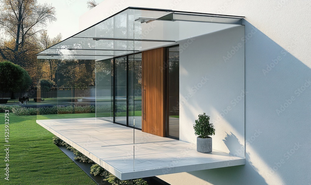 Fototapeta premium Modern minimalist house entry with large glass walls, wooden door, concrete floating porch, potted plant, and green lawn in soft sunlight